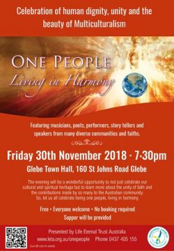 One People living in Harmony – Sydney Friday 30th November 2018